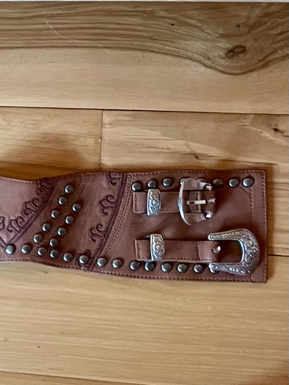 Double D Ranch Tan Leather Double-Buckle Studded Western Belt - Picture 4 of 4